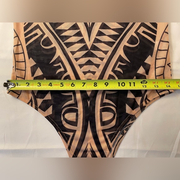 Sheer Mesh Long Sleeve Bodysuit Black & Tan Tribal Print Size XL Runs Small - Picture 11 of 16